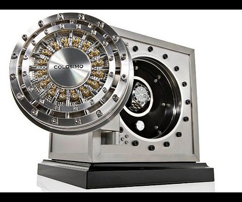 Weighing in at 66 pounds, the Dottling Colosimo features 16 radially arranged locking bolts and 32 gilged cogs. A three-digit combination lock entry is needed to open the safe. You can go for either a watch winder or a humidity controlled cigar humidor inside the Colosimo. The Dottling Colosimo sells for $23,800.