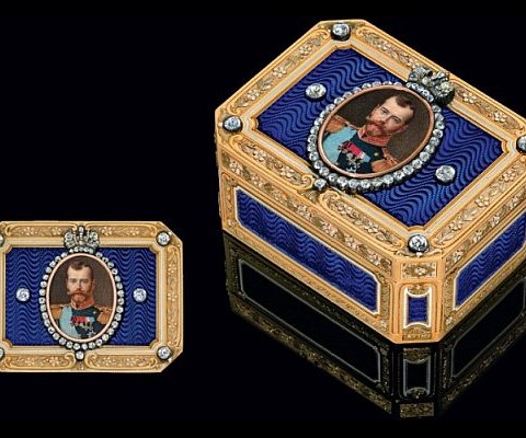 A rare diamond-encrusted snuff box from Faberge bearing the portrait of Tsar Nicholas II, the last Emperor of Russia, is being estimated to sell for between $400,000 and $600,000 ($627,600 - $941,400) at Christie's today