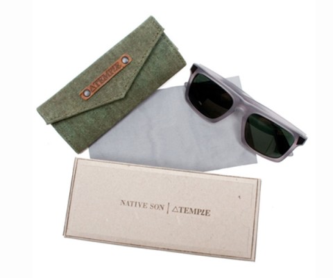 A great collaboration between Temple Bags, Native Son, and Mosely Tribes.  The sunglasses are a reinterpretation of Mosely's Lyndel shades and are made using a translucent acetate.  The case is made using re-purposed WWII canvas.